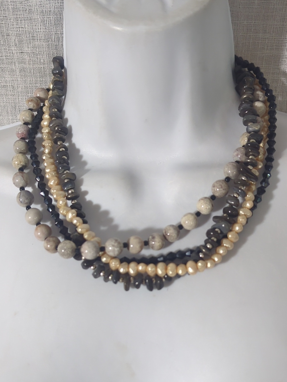 Multi-Strand Neutral Pearl and Stone Necklace Choker Women Jewelry
